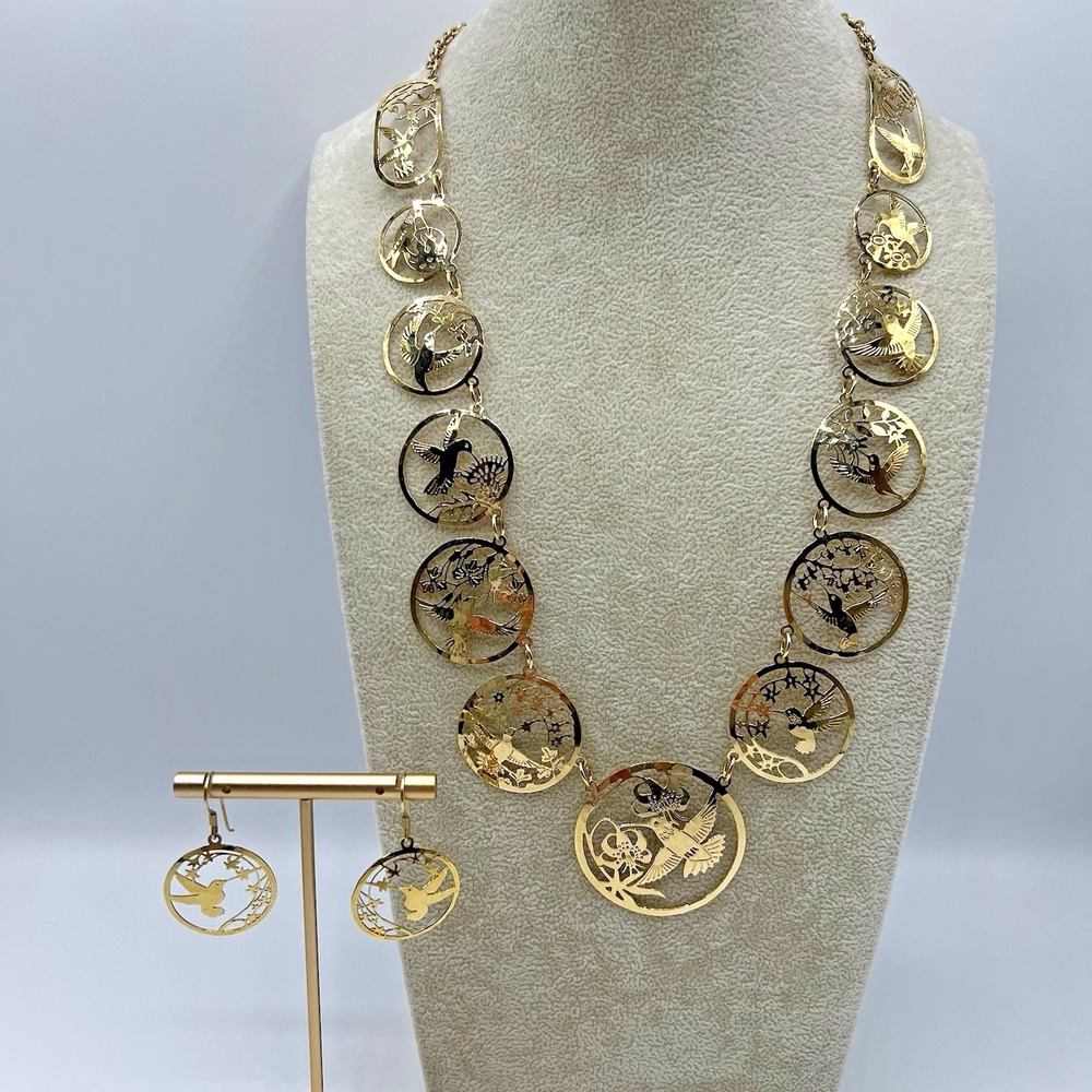 Wild Bryde Hummingbird Gold Plated Necklace & French Wire Earrings Jewelry Set